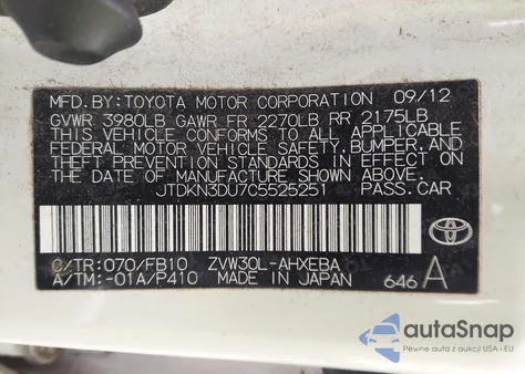 2012 Toyota Prius Three from USA, damaged, VIN JTDKN3DU7C5525251